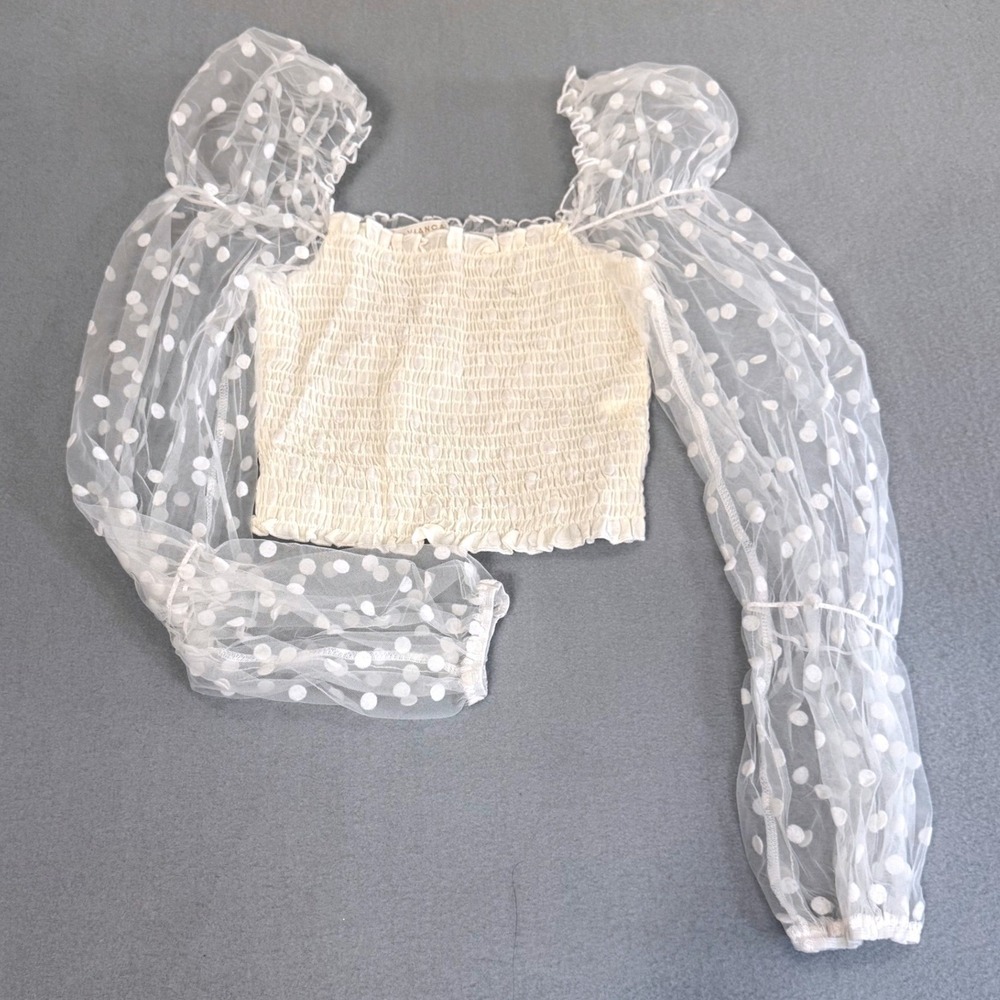 O.VIANCA Polka Swiss Dot‎ Mesh Sleeve Smocked Top Size S Cropped Puff White
